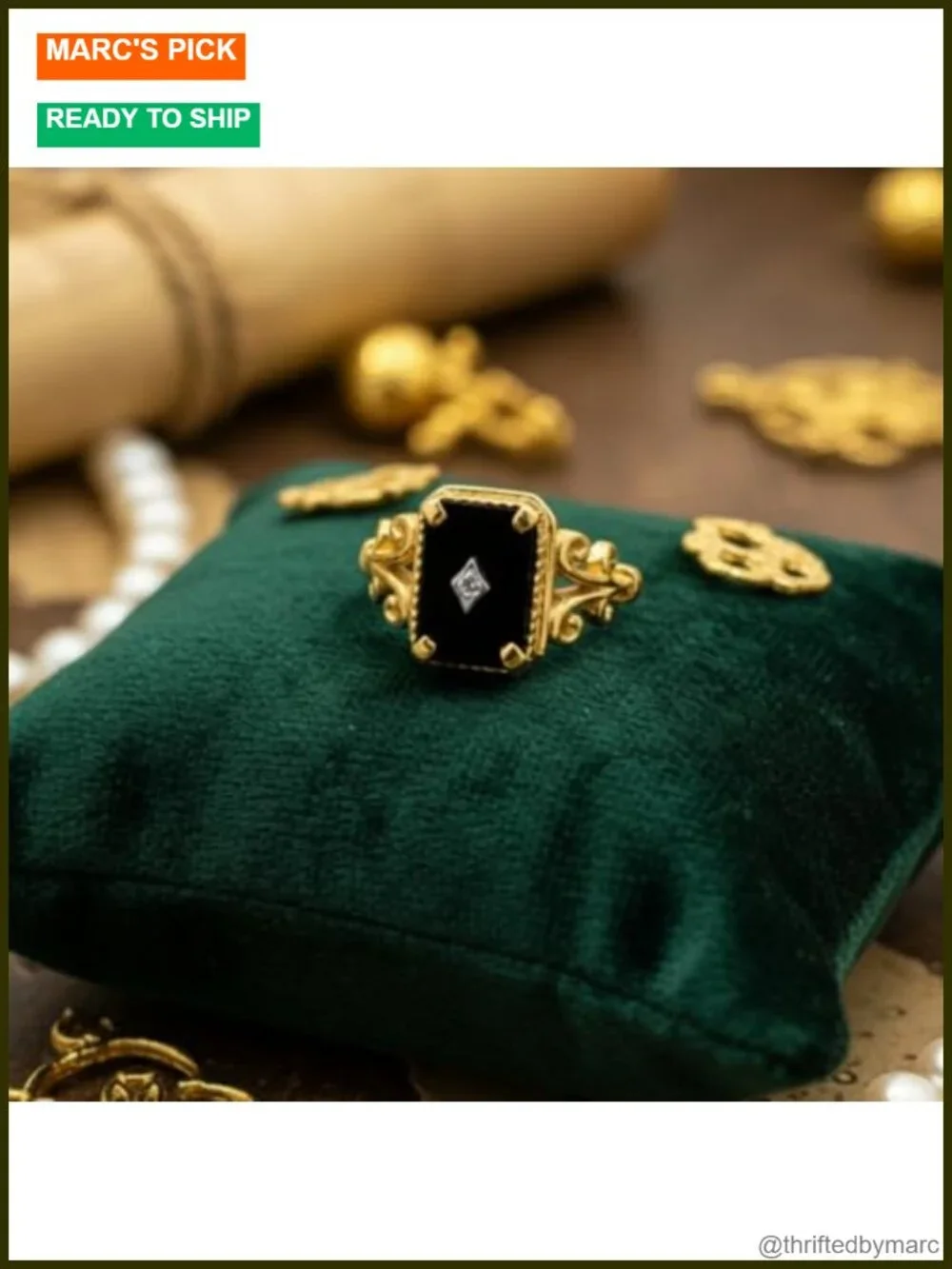 Art Deco Black Onyx 925 Sterling Silver Statement Ring for Women Yellow Gold